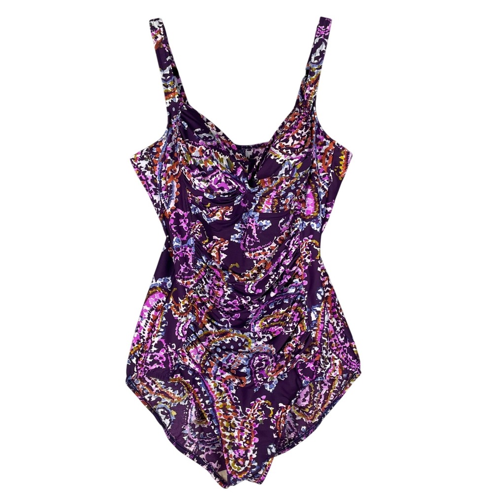 Miraclesuit One Piece Swimsuit Women 14 Purple Very Good Ruched Paisley Slimming